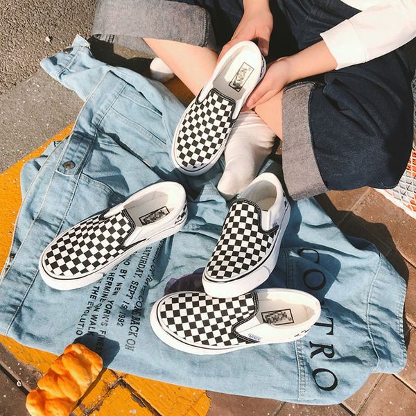 

bishen classic checkerboard plaid canvas shoes women autumn one pedal lazy shoes casual wild sports skateboard flat bottom, Black