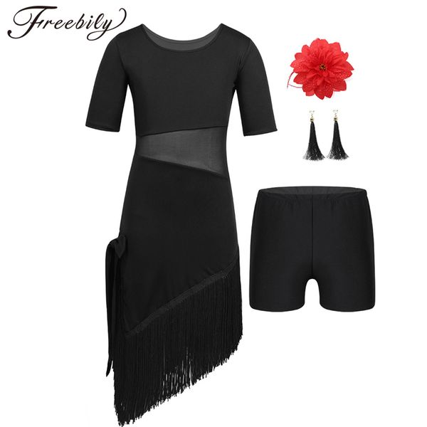 

teen girls dance dress mesh splice irregular tassels hem dress for latin ballroom rumba tango performances competition costume, Black;red