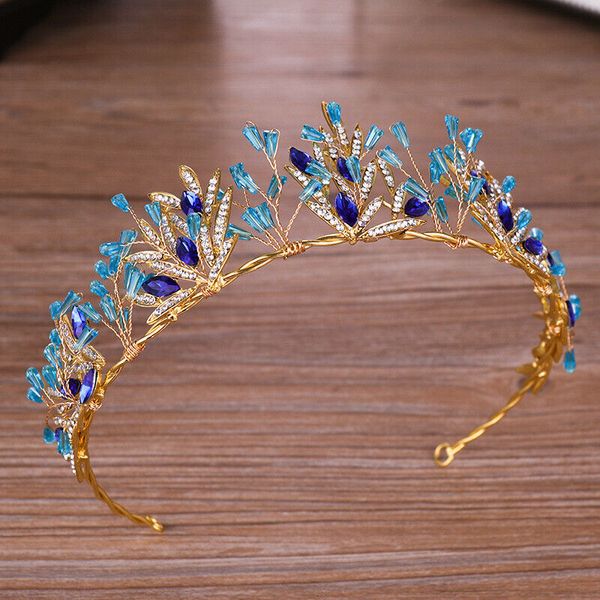 

blue headdress rhinestone hair accessories wedding bridal tiaras crown headband gold vintage tiaras and crowns head piece, Golden;white