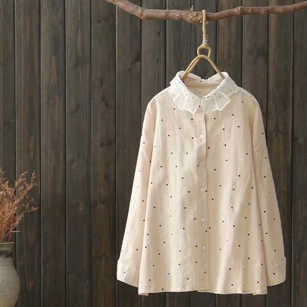 

hipster new style women's dress artistic hollow out peter pan collar polka dot long sleeve mid-length cotton white shirt