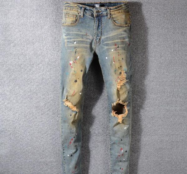 

amiri jeans designer mens jeans hole slim feet patch tide brand amir brand jeans mens clothing dd, Blue