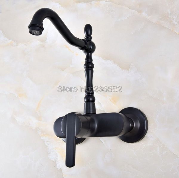 

oil rubbed black bronze wall mounted swivel spout bathroom sink faucet double handle mixer tap lnf846