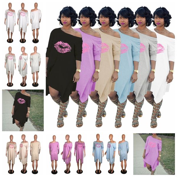 

dresses european fashion lip print diagonal shoulder long sleeve irregular dress, support mixed batch, Black;gray