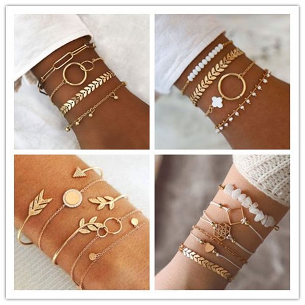 

new fashion bohemian charm chain bracelets sets for women leaves fishbone beads wrist bracelets jewelry, Black