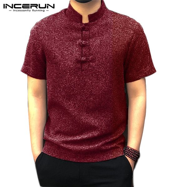 

incerun chinese style men dress shirt vintage stand collar short sleeve tunic social casual men shirt camisa masculina 2020, White;black