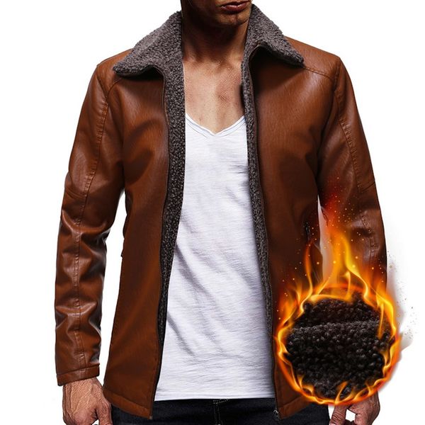 

heflashor 2019 new autumn winter men's vintage winter zipper closure warm leather fur jacket motorcycle long sleeve warm jacket, Black
