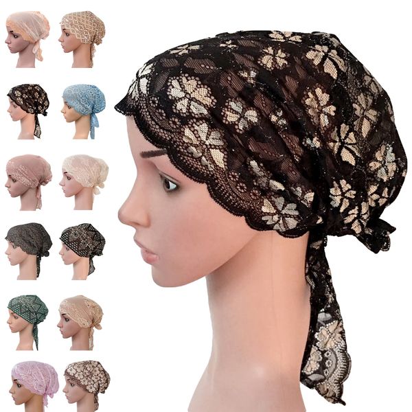 

women muslim turban inner cap arab lace islamic headwear chemo hat wraps cover beanie flower hair loss cap soft long tail bonnet, Blue;gray