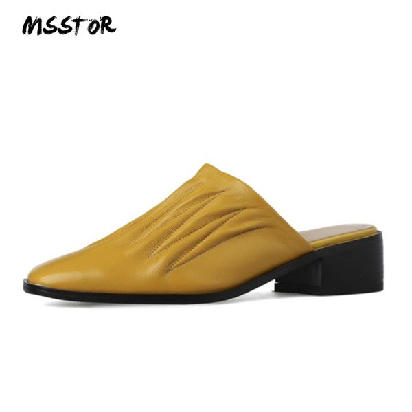 

msstor square toe women slippers summer pleated fashion genuine leather rubber womens slippers outdoor white summer shoes women, Black