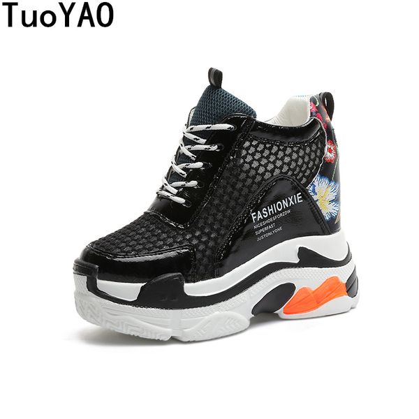 

women high platform shoes 2019 summer breathable mesh shoes women height increasing pumps 12 cm thick sole trainers white, Black;white