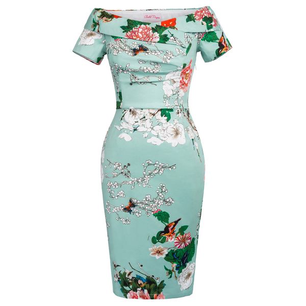 

lady summer cotton dress printed slim fit off shoulder hips-wrapped bodycon pencil dress retro vintage short sleeve, Black;gray