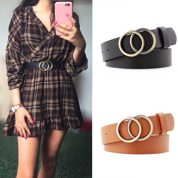

double ring women belt fashion waist belt pu leather metal buckle heart pin belts for ladies leisure dress jeans wild waistband, Black;brown