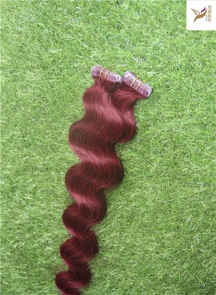 Red Wine Color Remy Tape In Extensions 100 Human Hair Skin Weft