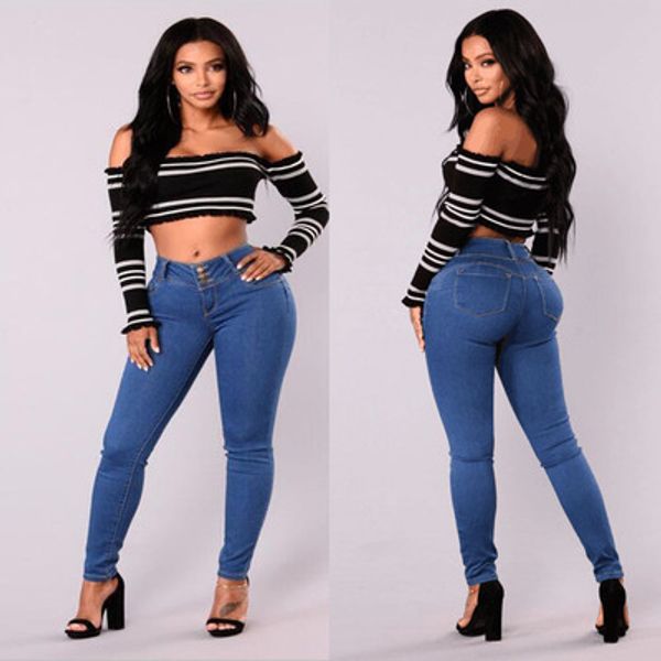 

новые модные европейские и американские женские джинсы синие брюки высокой талии стрейч маленькие ноги джинсы женские брюки, Blue