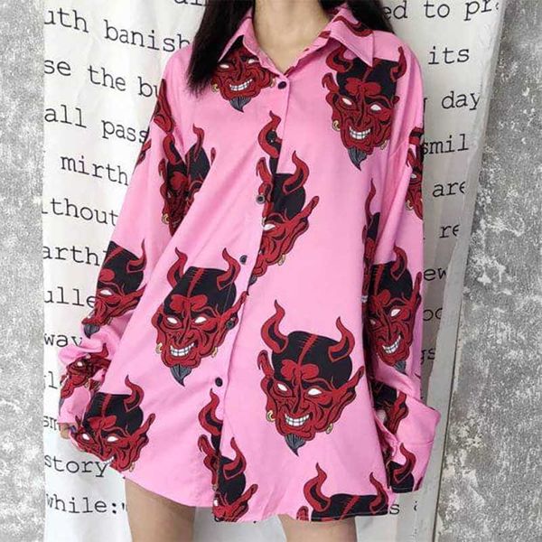 

nicemix harajuku demon print spring women blouse punk gothic hip hop casual loose long sleeve womens shirts plus size women, White