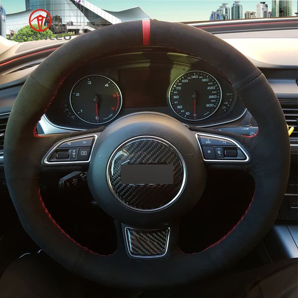 

lqtenleo black suede diy hand-stitched car steering wheel cover for a1 a3 a5 a7