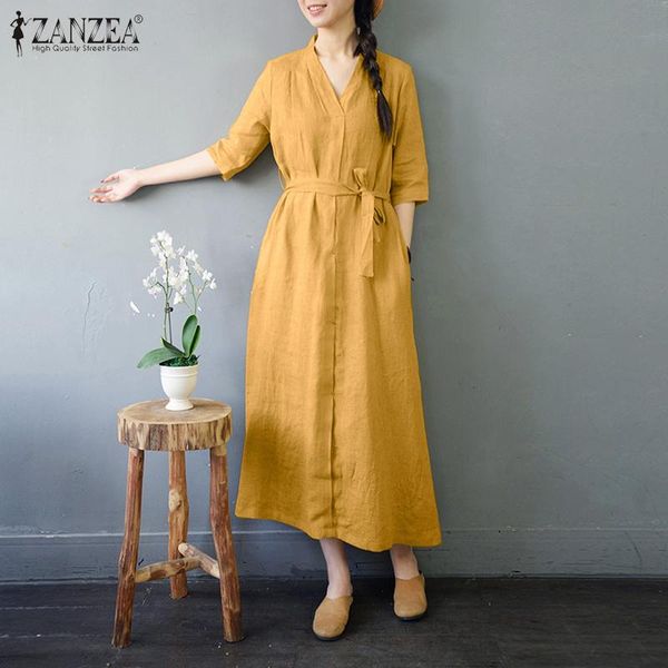

zanzea elegant women v neck half sleeve solid dress summer sundress casual cotton linen dresses kaftan female work vestido 5xl, White;black