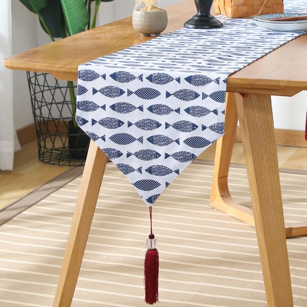 

japanese style blue fish print cotton linen table runner decorative bed runner tablecloth vintage tablecloth mat cabinet cover