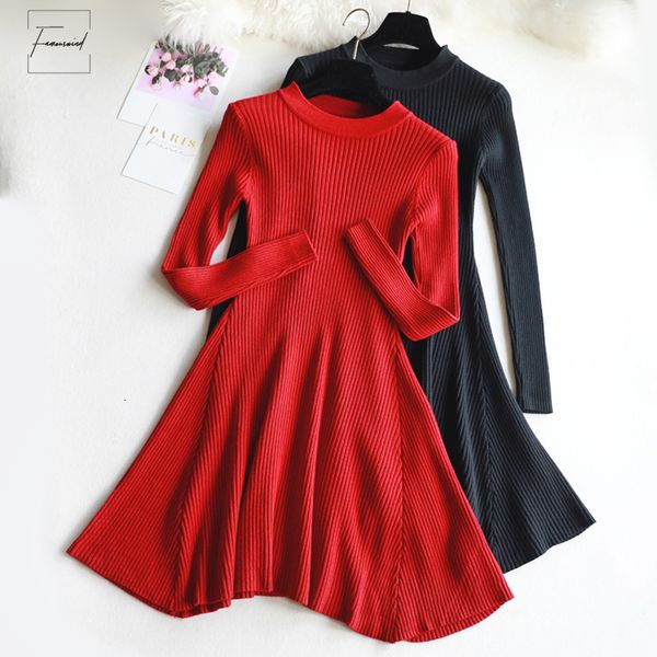 

autumn winter black sweater dress o neck long sleeve a line thick knit dress female girl short bodycon women, Black;gray