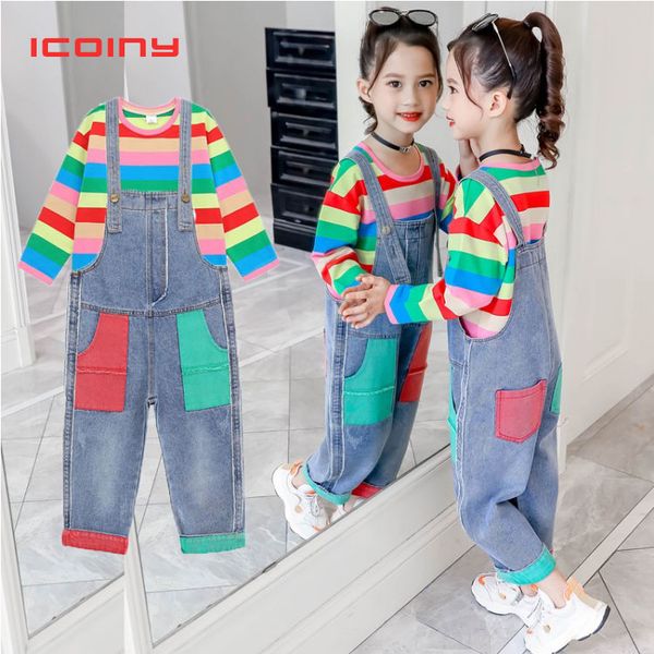 

children's belt overalls suits 2019 spring & autumn girls' rainbow stripe bottom shirt+jeans trousers suit dungarees suits, White