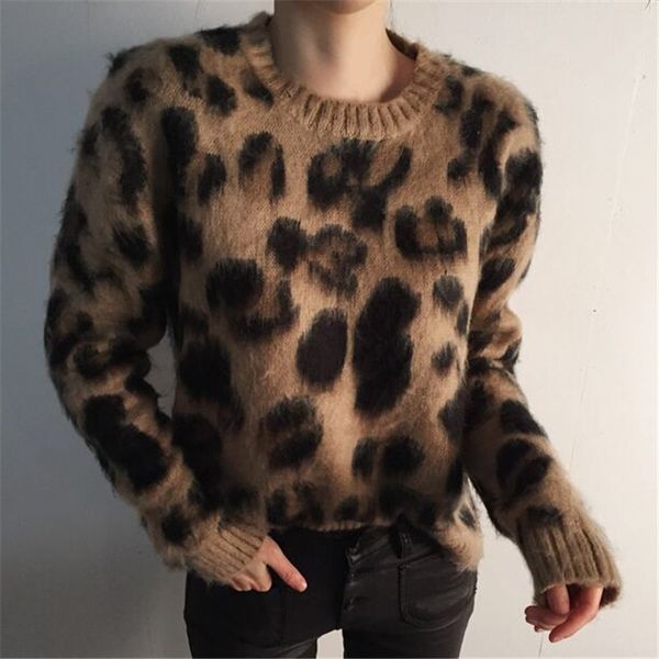 

korean style leopard sweater women mink cashmere soft thicken knitted pullovers loose warm autumn winter jumper, White;black
