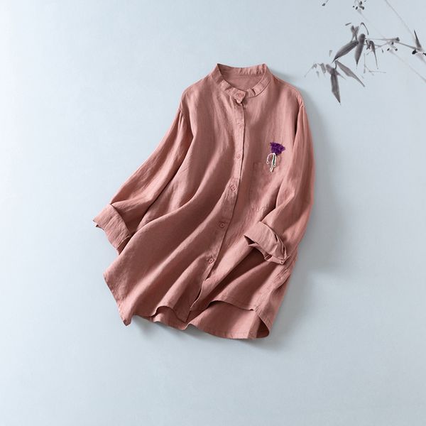 

chkemoxia first heart 2020 simple plain shirt women's multi-color into high-quality all-around linen material top, White