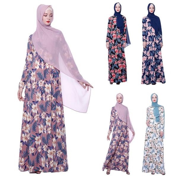 

flower print abaya muslim women long maxi dress kaftan cocktail robe dubai party islamic clothing long sleeve dress 2019 autumn, Red