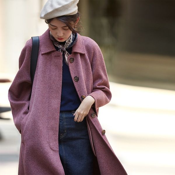 

2019 autumn and winter new retro wool water ripple double-sided coat women plus long loose version winter coat women, Black
