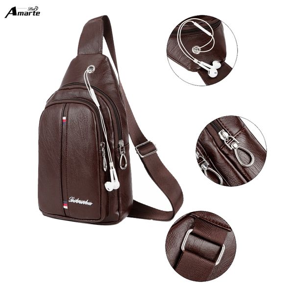 

chest bag fashion men retro style cross body bags leather crossbody bag travel males shoulder with headphone jack