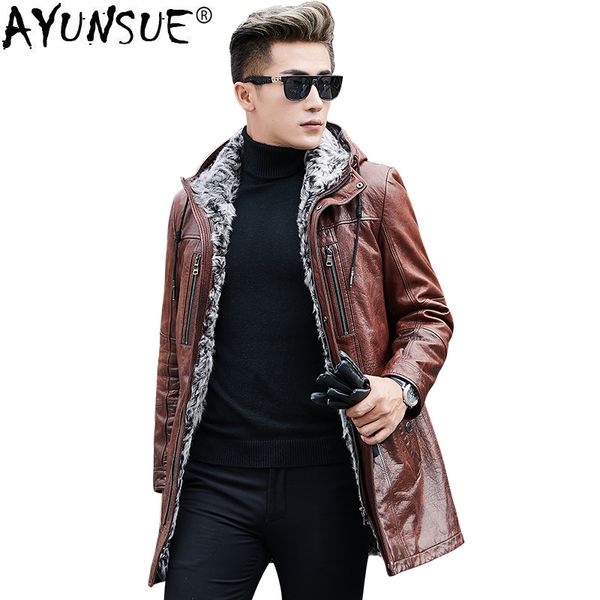 

ayunsue genuine leather jacket men winter real fur coat cowhide men's leather jackets hooded lambswool liner brown coats kj1342, Black