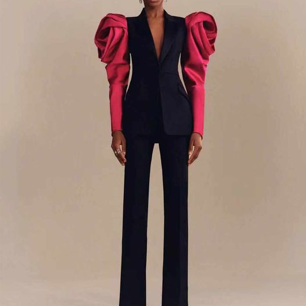 

missord 2019 autumn and winter fashion puff sleeve elegant two pcs set patchwork jumpsuit ft19858, Black;white