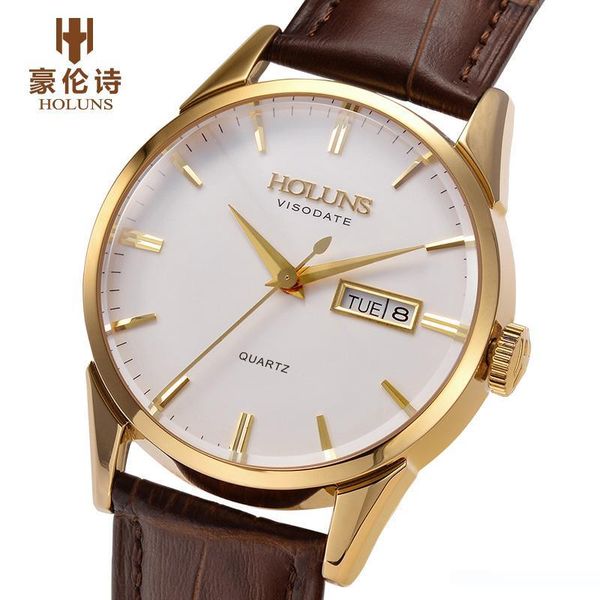 

holuns watch men gold mens watches quartz genuine leather wrist watch dress male relogio masculino casual business, Slivery;brown