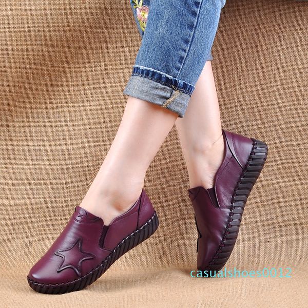 

women's flats handmade shoes 2019 spring autumn genuine leather ladies shoe flat shoes women leather retro shoe c12, Red;white