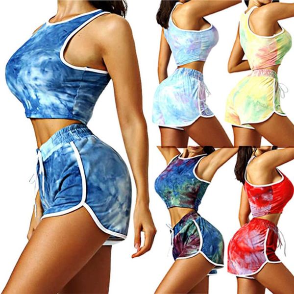 

running sets 2021 women 2 piece tie dye sports drawstring workout shorts active set fitness suits sportswear #2m07, Black;blue