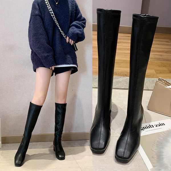 

brand women's shoes rubber boots winter footwear thigh high heels high booties ladies boots-women lace up round toe, Black