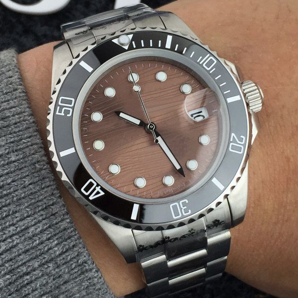 

watches mens luxury original automatic mechanical movement auto date2.4mm thickness crystal gemstone 316 stainless steel case strap a292, Slivery;brown