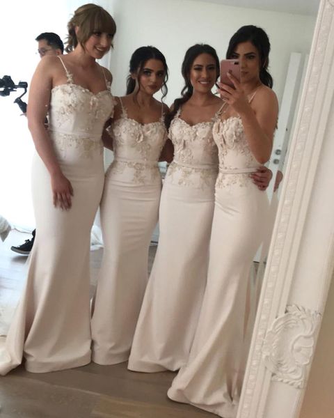 

champagne 3d flowers spaghetti bridemaid dresses open back mermaid prom evening party gown long wedding guest wear bm0612, White;pink