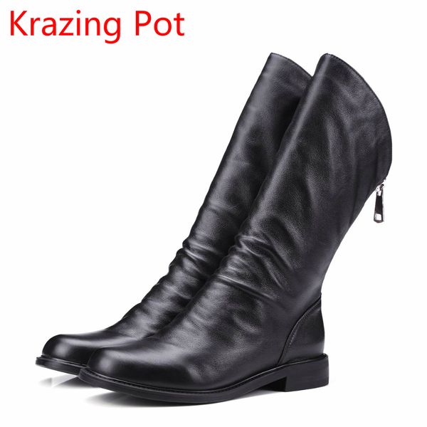

new arrival genuine leather zipper keep warm round toe thick heels concise runway elegant handmade mid-calf boots for women l88, Black