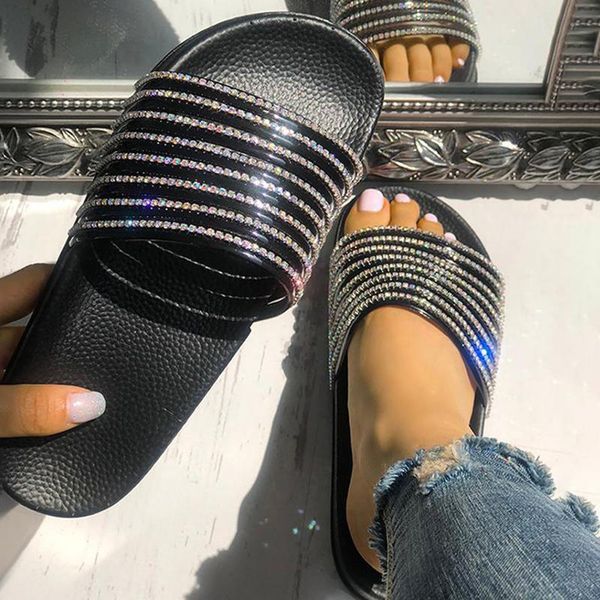 

ladies sequins crystal open toe slippers women's low heel soft bottom outdoor flats with beach sandals slip on shoes, Black
