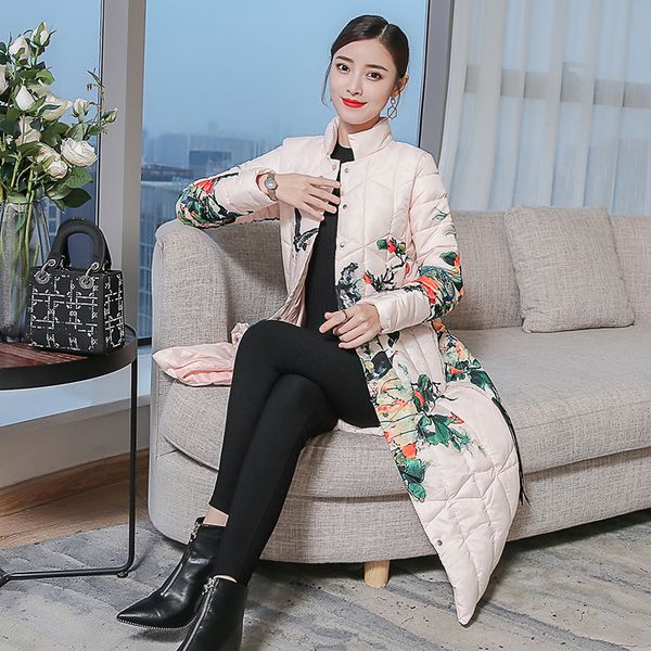 

2018 winter new style stand collar cotton-padded jacket korean-style slim fit ethnic-style printed over-the-knee warm coat, Blue;black