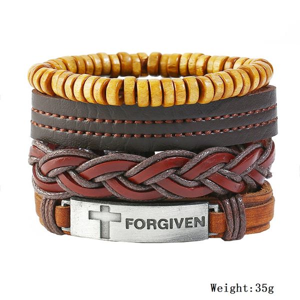 

multilayer 4pcs/set handmade bronze alloy charm men brown red leather cross&forgiven bracelet for women femme homme male jewelry, Golden;silver