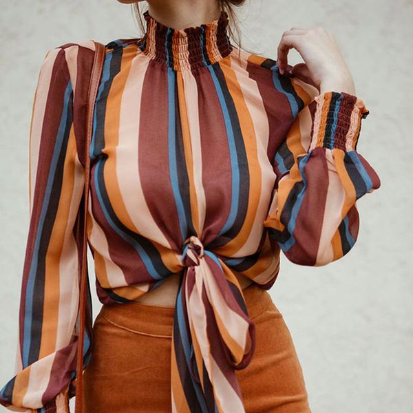 

stand collar striped long-sleeved shirt women soft and light lacing famale blouse lantern sleeve roupas feminina plus size, White;black