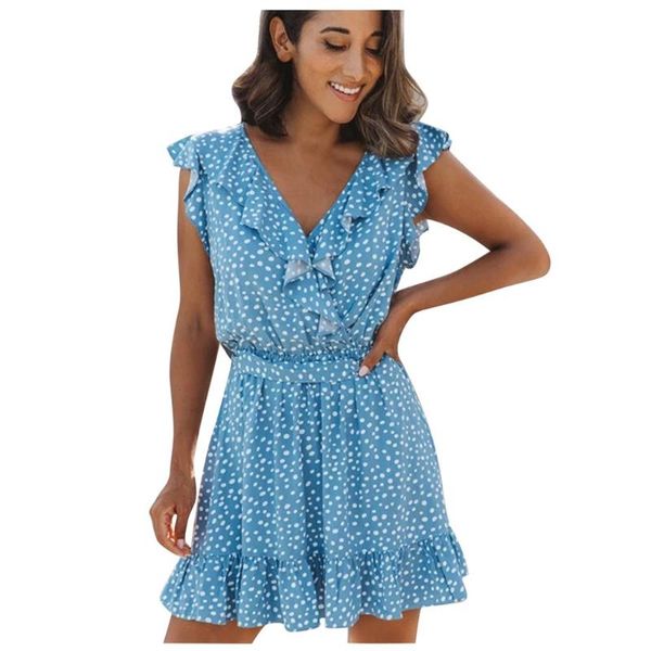 

boho summer dress women dot print v neck tie up boho ruffle beach sleeveless club mini dress party sundress vestidos#g1, Black;gray