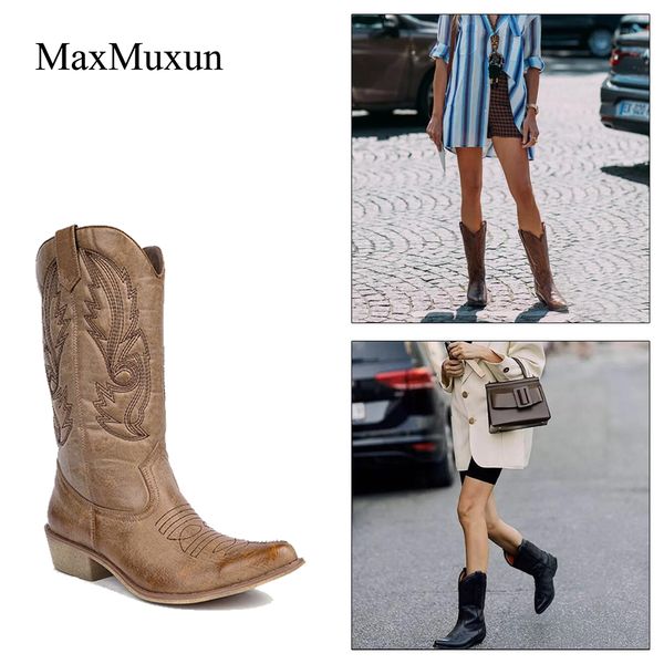 

maxmuxun knee high western cowboy boots national retro style in the tube pointed square root totem sewing thread women's shoes, Black