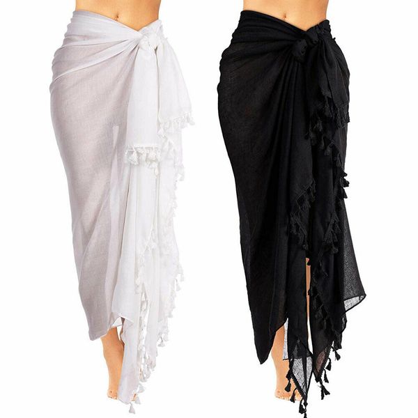 

fashion women summer swimwear bikini tassels bandage cover up beach maxi long wrap skirt sarong dress black and white, Blue;gray