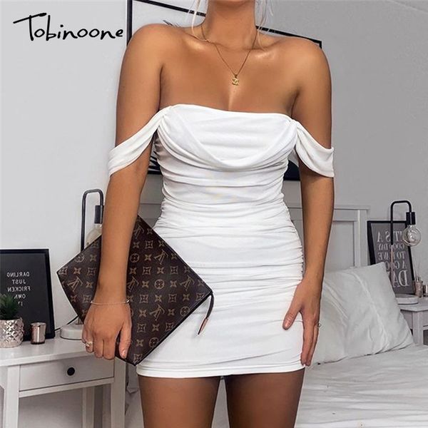 

tobinoone white mesh bodycon dress summer women off shoulder dinner party mini dress female slash neck elegant, Black;gray