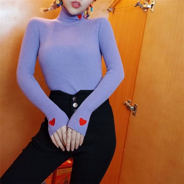Moda-R Knitwear Mulher Outono Inverno Slim Tops Feminino Turtleneck Amor Bordado Camisola Mulheres Preto Camisa de Manga Longa Mujer