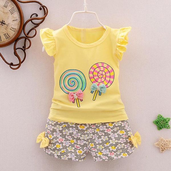 

girls clothes sets new summer baby short sleeve costume 2pcs baby outfits boys girls cartoon lolly t-shirt +shorts sets, White