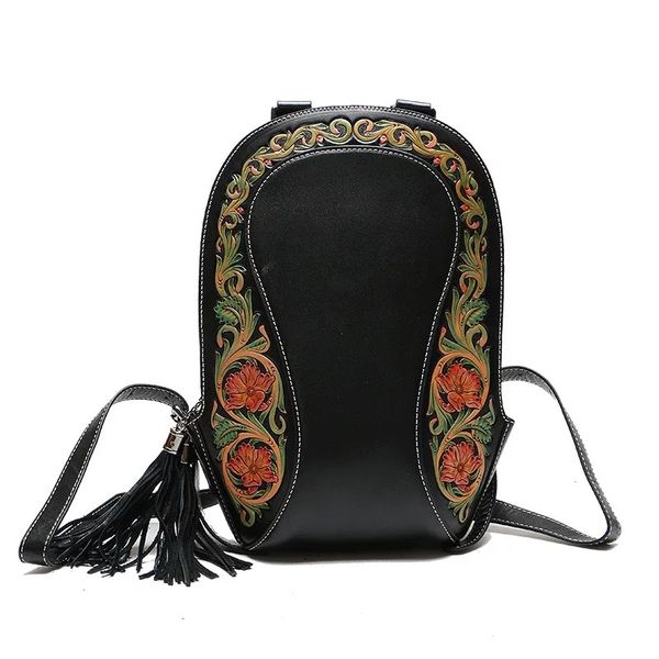 

china flower style genuine leather hand engraved zipper closure female women tassel backpack vintage lady small floral backpack