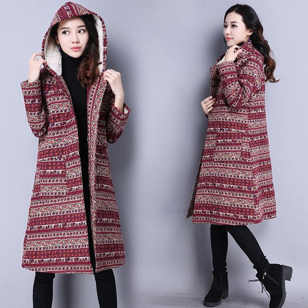 

1675 # p shoot 2018 new style winter cotton linen ethnic-style printed large size mid-length long sleeve cotton overcoat, Blue;black