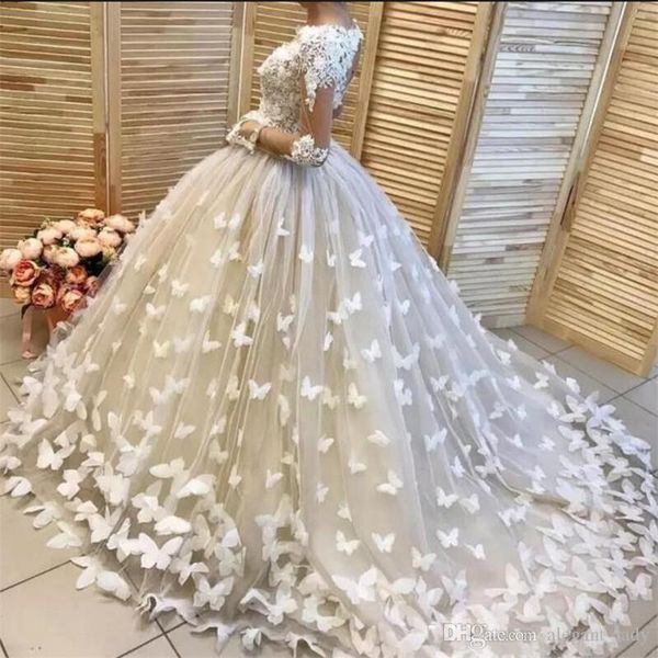 Abiti da sposa vintage in pizzo con scollo a V e applicazioni di farfalle floreali 3D con perline con scollo a V Abito da sposa a maniche lunghe con illusione sexy